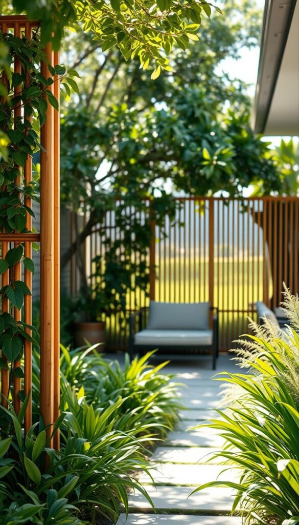A tranquil, secluded backyard oasis with a modern, minimalist privacy screen. The screen is crafted from natural wood and bamboo, creating a warm, earthy ambiance. It stands tall, casting soft, dappled shadows across the lush, verdant greenery in the foreground. The middle ground features a simple, elegant seating area, inviting relaxation and calm contemplation. In the background, a serene, out-of-focus landscape offers a sense of depth and peaceful separation from the outside world. The lighting is soft and diffused, creating a serene, welcoming atmosphere. Captured with a wide-angle lens to emphasize the sense of space and seclusion.
