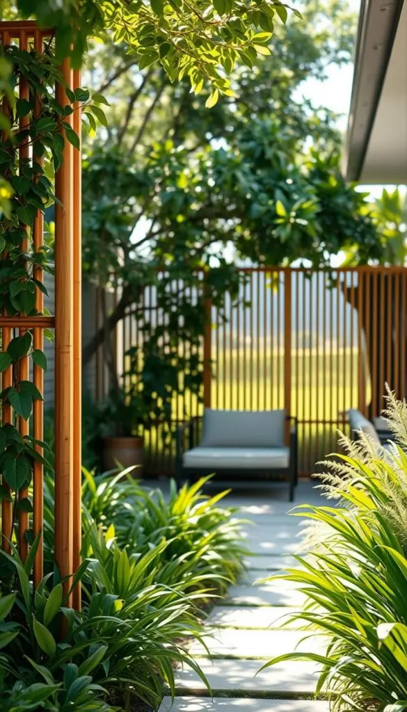 A tranquil, secluded backyard oasis with a modern, minimalist privacy screen. The screen is crafted from natural wood and bamboo, creating a warm, earthy ambiance. It stands tall, casting soft, dappled shadows across the lush, verdant greenery in the foreground. The middle ground features a simple, elegant seating area, inviting relaxation and calm contemplation. In the background, a serene, out-of-focus landscape offers a sense of depth and peaceful separation from the outside world. The lighting is soft and diffused, creating a serene, welcoming atmosphere. Captured with a wide-angle lens to emphasize the sense of space and seclusion. A tranquil, secluded backyard oasis with a modern, minimalist privacy screen. The screen is crafted from natural wood and bamboo, creating a warm, earthy ambiance. It stands tall, casting soft, dappled shadows across the lush, verdant greenery in the foreground. The middle ground features a simple, elegant seating area, inviting relaxation and calm contemplation. In the background, a serene, out-of-focus landscape offers a sense of depth and peaceful separation from the outside world. The lighting is soft and diffused, creating a serene, welcoming atmosphere. Captured with a wide-angle lens to emphasize the sense of space and seclusion.