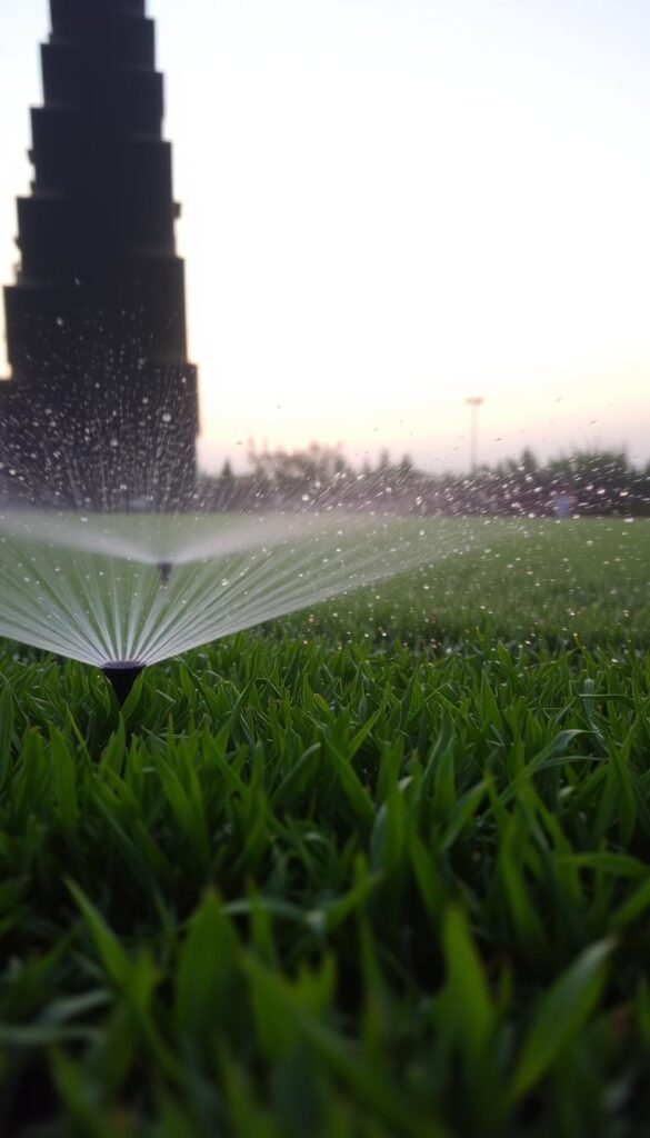 A tranquil, softly-lit lawn in the late afternoon, with blades of grass gently swaying as water deeply penetrates the soil. In the foreground, a sprinkler system mists the ground with a gentle, soothing rhythm, creating a mesmerizing pattern of water droplets. The middle ground features lush, healthy grass that has been thoroughly and methodically soaked, glistening with moisture. In the background, a cloudless sky fades into a serene, pastel horizon, setting the tone for a peaceful, unhurried watering routine.