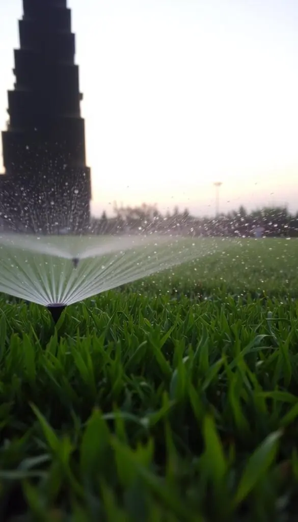 A tranquil, softly-lit lawn in the late afternoon, with blades of grass gently swaying as water deeply penetrates the soil. In the foreground, a sprinkler system mists the ground with a gentle, soothing rhythm, creating a mesmerizing pattern of water droplets. The middle ground features lush, healthy grass that has been thoroughly and methodically soaked, glistening with moisture. In the background, a cloudless sky fades into a serene, pastel horizon, setting the tone for a peaceful, unhurried watering routine. A tranquil, softly-lit lawn in the late afternoon, with blades of grass gently swaying as water deeply penetrates the soil. In the foreground, a sprinkler system mists the ground with a gentle, soothing rhythm, creating a mesmerizing pattern of water droplets. The middle ground features lush, healthy grass that has been thoroughly and methodically soaked, glistening with moisture. In the background, a cloudless sky fades into a serene, pastel horizon, setting the tone for a peaceful, unhurried watering routine.