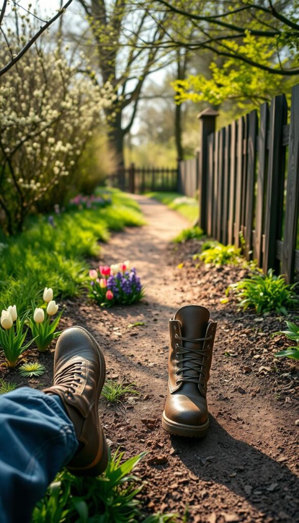 A tranquil spring morning, the air crisp and fresh. A serene garden path winds through lush greenery, sunlight filtering gently through budding trees. In the foreground, a pair of worn leather boots step carefully, examining the soil and emerging flora. The midground showcases a riot of color - delicate tulips, fragrant hyacinths, and verdant ferns unfurling. In the distance, a quaint wooden fence frames the scene, hinting at the promise of new growth and renewal. The overall atmosphere is one of quiet contemplation, a calming prelude to the productive work ahead. Captured with a wide-angle lens, the image conveys a sense of peaceful anticipation, ready to guide the viewer into the spring garden's secrets. A tranquil spring morning, the air crisp and fresh. A serene garden path winds through lush greenery, sunlight filtering gently through budding trees. In the foreground, a pair of worn leather boots step carefully, examining the soil and emerging flora. The midground showcases a riot of color - delicate tulips, fragrant hyacinths, and verdant ferns unfurling. In the distance, a quaint wooden fence frames the scene, hinting at the promise of new growth and renewal. The overall atmosphere is one of quiet contemplation, a calming prelude to the productive work ahead. Captured with a wide-angle lens, the image conveys a sense of peaceful anticipation, ready to guide the viewer into the spring garden's secrets.