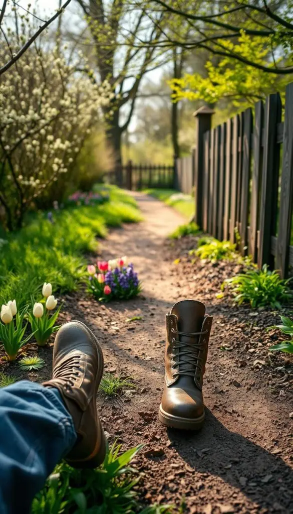 A tranquil spring morning, the air crisp and fresh. A serene garden path winds through lush greenery, sunlight filtering gently through budding trees. In the foreground, a pair of worn leather boots step carefully, examining the soil and emerging flora. The midground showcases a riot of color - delicate tulips, fragrant hyacinths, and verdant ferns unfurling. In the distance, a quaint wooden fence frames the scene, hinting at the promise of new growth and renewal. The overall atmosphere is one of quiet contemplation, a calming prelude to the productive work ahead. Captured with a wide-angle lens, the image conveys a sense of peaceful anticipation, ready to guide the viewer into the spring garden's secrets.