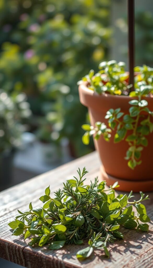 A tranquil still life capturing the seasonal timing of herb cuttings. In the foreground, an array of freshly snipped herb sprigs - basil, rosemary, thyme - arranged with care on a rustic wooden surface. Soft, natural lighting filters in, casting delicate shadows. In the middle ground, a terracotta planter overflows with lush, vibrant leaves, hinting at the new growth to come. The background showcases a soothing, out-of-focus garden, a verdant backdrop for this horticultural vignette. The overall scene conveys a sense of anticipation, a celebration of the seasonal rhythms essential for propagating healthy, thriving herbs. A tranquil still life capturing the seasonal timing of herb cuttings. In the foreground, an array of freshly snipped herb sprigs - basil, rosemary, thyme - arranged with care on a rustic wooden surface. Soft, natural lighting filters in, casting delicate shadows. In the middle ground, a terracotta planter overflows with lush, vibrant leaves, hinting at the new growth to come. The background showcases a soothing, out-of-focus garden, a verdant backdrop for this horticultural vignette. The overall scene conveys a sense of anticipation, a celebration of the seasonal rhythms essential for propagating healthy, thriving herbs.