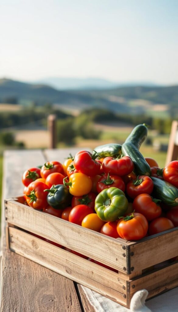 A tranquil still-life scene of freshly harvested produce, bathed in the soft, diffused light of a late summer afternoon. In the foreground, a wooden crate overflows with a vibrant array of ripe tomatoes, peppers, and zucchini, their surfaces glistening with a gentle sheen. The midground features a weathered farmhouse table, its surface adorned with a simple linen cloth, providing a rustic backdrop for the bounty. In the background, a softly blurred landscape of rolling hills and a clear, azure sky, hinting at the bountiful season's end. The overall mood is one of serene contentment, a quiet celebration of the garden's end-of-season offerings. A tranquil still-life scene of freshly harvested produce, bathed in the soft, diffused light of a late summer afternoon. In the foreground, a wooden crate overflows with a vibrant array of ripe tomatoes, peppers, and zucchini, their surfaces glistening with a gentle sheen. The midground features a weathered farmhouse table, its surface adorned with a simple linen cloth, providing a rustic backdrop for the bounty. In the background, a softly blurred landscape of rolling hills and a clear, azure sky, hinting at the bountiful season's end. The overall mood is one of serene contentment, a quiet celebration of the garden's end-of-season offerings.