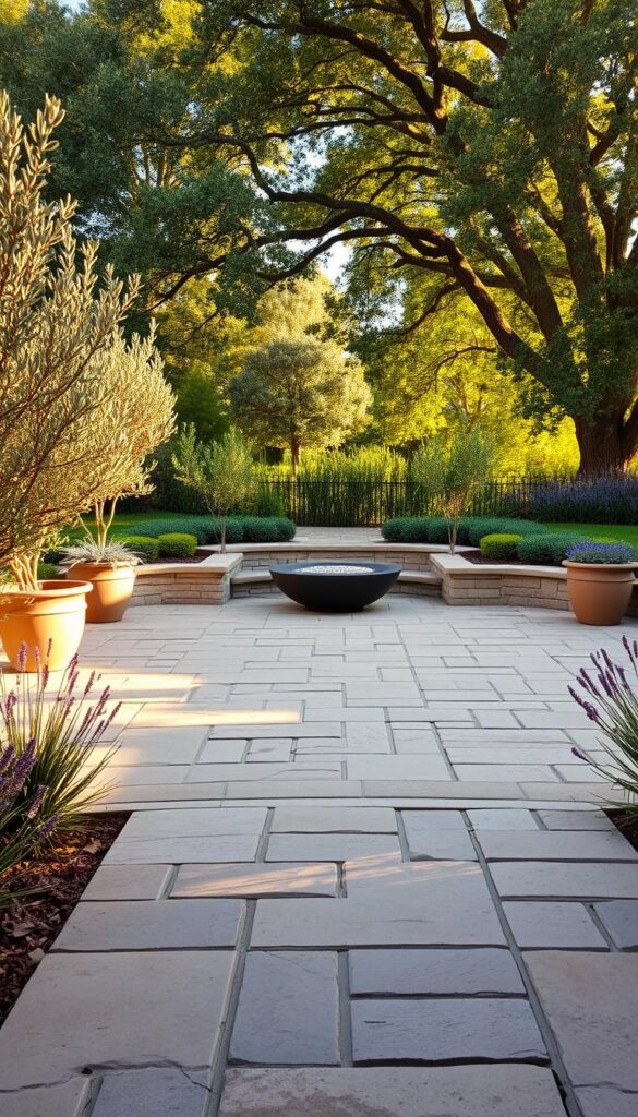 A tranquil stone patio nestled in a lush garden oasis. Smooth, weathered stone pavers in a herringbone pattern form the foreground, their warm tones reflecting the golden afternoon sunlight. Potted olive trees and fragrant lavender plants line the perimeter, framing the scene. In the middle ground, a modern fire pit sits atop a low stone wall, inviting relaxation. The background features a verdant canopy of mature trees, casting dappled shadows across the space. The overall mood is one of rustic charm and serene sophistication, the perfect setting to enjoy the beauty of the outdoors. A tranquil stone patio nestled in a lush garden oasis. Smooth, weathered stone pavers in a herringbone pattern form the foreground, their warm tones reflecting the golden afternoon sunlight. Potted olive trees and fragrant lavender plants line the perimeter, framing the scene. In the middle ground, a modern fire pit sits atop a low stone wall, inviting relaxation. The background features a verdant canopy of mature trees, casting dappled shadows across the space. The overall mood is one of rustic charm and serene sophistication, the perfect setting to enjoy the beauty of the outdoors.