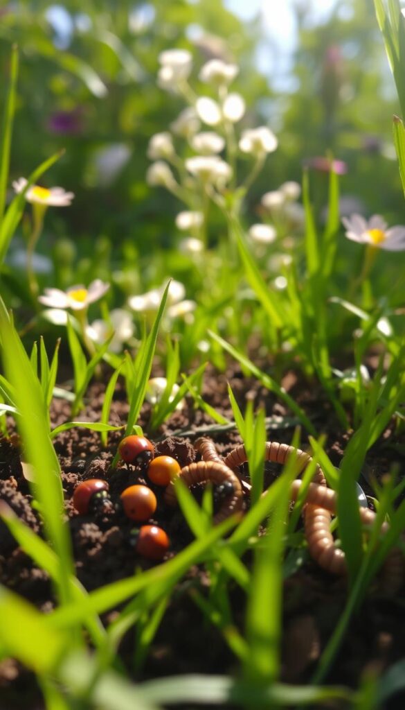 A tranquil, sun-dappled garden scene, with lush, verdant grass and vibrant flora. In the foreground, a cluster of common garden pests - playful ladybugs, inquisitive caterpillars, and a gentle, unassuming earthworm - exploring the rich soil. In the middle ground, a soft-focus backdrop of delicate flowers and foliage, gently swaying in a light breeze. The lighting is warm and natural, casting long shadows and highlighting the intricate textures of the organic elements. The overall mood is one of peaceful coexistence, where the pests are not viewed as threats, but as integral parts of a thriving, balanced ecosystem.