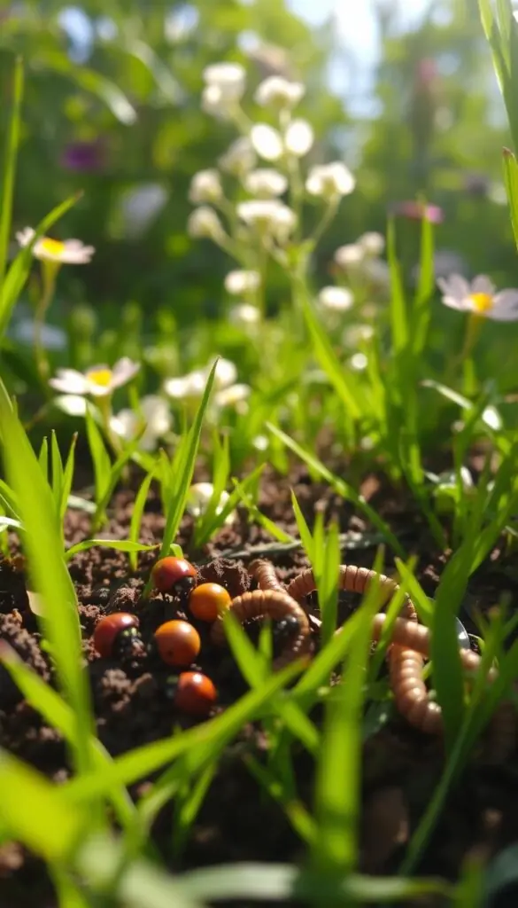 A tranquil, sun-dappled garden scene, with lush, verdant grass and vibrant flora. In the foreground, a cluster of common garden pests - playful ladybugs, inquisitive caterpillars, and a gentle, unassuming earthworm - exploring the rich soil. In the middle ground, a soft-focus backdrop of delicate flowers and foliage, gently swaying in a light breeze. The lighting is warm and natural, casting long shadows and highlighting the intricate textures of the organic elements. The overall mood is one of peaceful coexistence, where the pests are not viewed as threats, but as integral parts of a thriving, balanced ecosystem. A tranquil, sun-dappled garden scene, with lush, verdant grass and vibrant flora. In the foreground, a cluster of common garden pests - playful ladybugs, inquisitive caterpillars, and a gentle, unassuming earthworm - exploring the rich soil. In the middle ground, a soft-focus backdrop of delicate flowers and foliage, gently swaying in a light breeze. The lighting is warm and natural, casting long shadows and highlighting the intricate textures of the organic elements. The overall mood is one of peaceful coexistence, where the pests are not viewed as threats, but as integral parts of a thriving, balanced ecosystem.