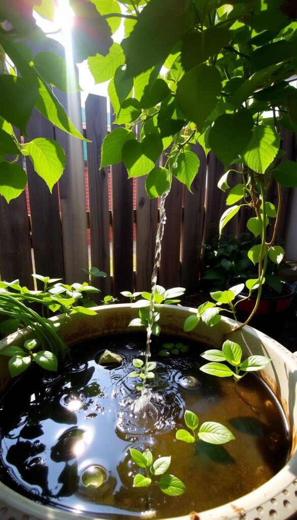 A tranquil urban garden, with a well-tended container brimming with lush, thriving plants. Sunlight filters through the leaves, casting a gentle glow on the water-filled basin. The soil is moist yet aerated, with a soothing sound of dripping water. In the background, a weathered wooden fence frames the scene, hinting at the neighboring properties. The overall atmosphere is one of serene self-sufficiency, where the simple act of watering becomes a mindful, stress-relieving ritual. A tranquil urban garden, with a well-tended container brimming with lush, thriving plants. Sunlight filters through the leaves, casting a gentle glow on the water-filled basin. The soil is moist yet aerated, with a soothing sound of dripping water. In the background, a weathered wooden fence frames the scene, hinting at the neighboring properties. The overall atmosphere is one of serene self-sufficiency, where the simple act of watering becomes a mindful, stress-relieving ritual.