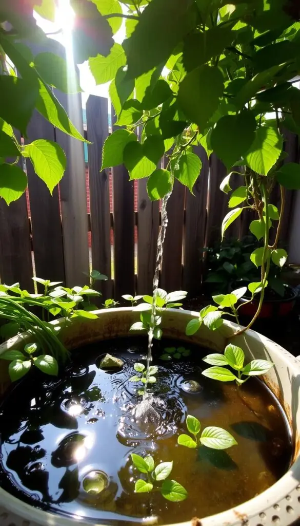 A tranquil urban garden, with a well-tended container brimming with lush, thriving plants. Sunlight filters through the leaves, casting a gentle glow on the water-filled basin. The soil is moist yet aerated, with a soothing sound of dripping water. In the background, a weathered wooden fence frames the scene, hinting at the neighboring properties. The overall atmosphere is one of serene self-sufficiency, where the simple act of watering becomes a mindful, stress-relieving ritual. A tranquil urban garden, with a well-tended container brimming with lush, thriving plants. Sunlight filters through the leaves, casting a gentle glow on the water-filled basin. The soil is moist yet aerated, with a soothing sound of dripping water. In the background, a weathered wooden fence frames the scene, hinting at the neighboring properties. The overall atmosphere is one of serene self-sufficiency, where the simple act of watering becomes a mindful, stress-relieving ritual.