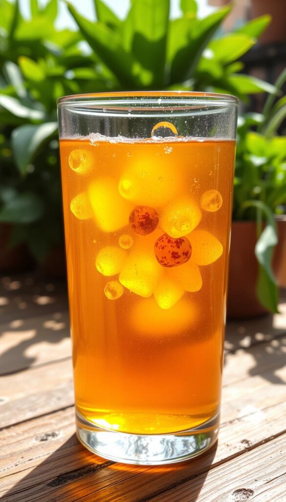 A transparent glass container filled with a luminous amber-colored liquid, gently swirling and bubbling. The liquid fertilizer is composed of a blend of organic nutrients, including fish emulsion, seaweed extract, and compost tea. Sunlight filters through the container, casting a warm, natural glow on the surface of the liquid. The glass container sits atop a rustic wooden table, with lush green plants and earthy tones in the background, creating a soothing, serene atmosphere. The image captures the simplicity and effectiveness of a homemade liquid fertilizer, ready to nourish and revitalize plants. A transparent glass container filled with a luminous amber-colored liquid, gently swirling and bubbling. The liquid fertilizer is composed of a blend of organic nutrients, including fish emulsion, seaweed extract, and compost tea. Sunlight filters through the container, casting a warm, natural glow on the surface of the liquid. The glass container sits atop a rustic wooden table, with lush green plants and earthy tones in the background, creating a soothing, serene atmosphere. The image captures the simplicity and effectiveness of a homemade liquid fertilizer, ready to nourish and revitalize plants.
