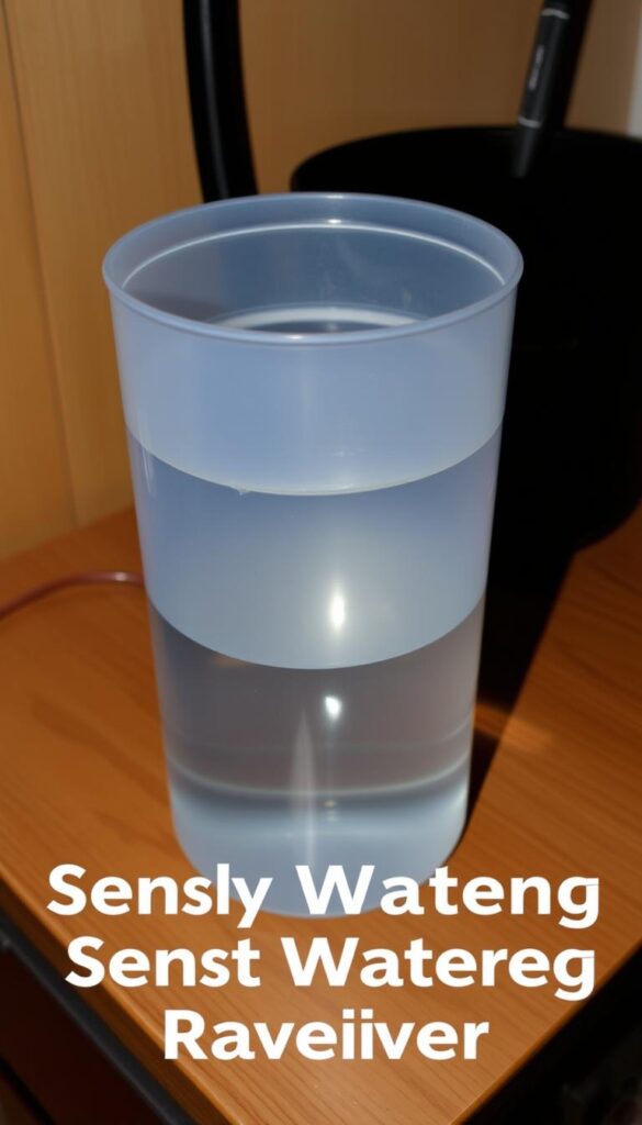 A transparent plastic container reservoir, filled with water, sitting on a wooden surface. The container has a simple, utilitarian design with smooth, rounded edges. Ambient lighting casts soft shadows, highlighting the translucent quality of the water. The camera angle is slightly elevated, providing a clear view of the container's contents and the water level. The overall scene conveys a sense of simplicity and functionality, suitable for use as a self-watering planter.