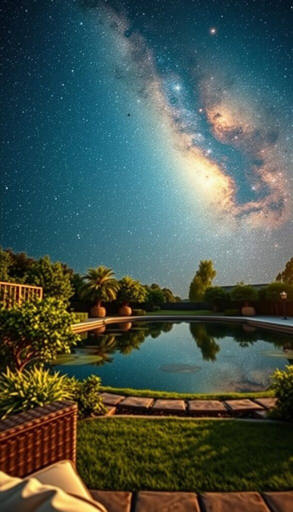 A vast, awe-inspiring expanse of the cosmos, illuminated by the gentle glow of distant stars. In the foreground, a serene and tranquil outdoor space comes into focus, with lush greenery and a cozy seating area inviting contemplation. The middle ground features a stunning night sky, with swirling galaxies and nebulae casting a mesmerizing reflection on a calm, mirror-like pond. Soft, warm lighting bathes the scene, creating an atmosphere of peace and wonder. The overall composition evokes a sense of connection between the natural world and the boundless beauty of the universe beyond, inspiring a deeper appreciation for the outdoor space and its place in the grand scheme of things.