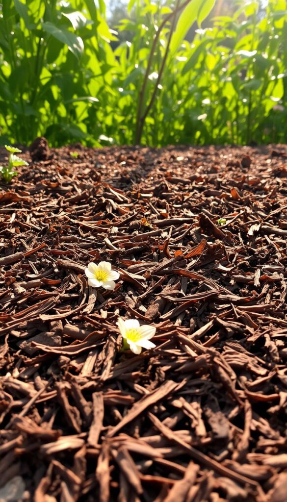 A verdant garden bed, blanketed in a thick layer of rich, earthy mulch. The sunlight filters through lush foliage, casting a warm, golden glow over the scene. In the foreground, the mulch is meticulously spread, its texture a tapestry of shredded bark and decomposing organic matter. Delicate flower petals peek out from beneath, their vibrant hues complementing the muted tones of the mulch. In the middle ground, healthy soil teems with life, nourished by the protective layer above. The background features a backdrop of thriving plants, their leaves rustling gently in the breeze, creating a sense of tranquility and harmony. The overall composition conveys the benefits of mulch - its ability to retain moisture, suppress weeds, and enrich the soil for a lush, low-maintenance flower bed.