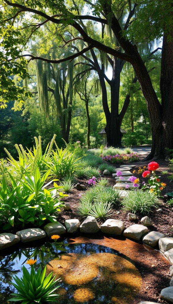 A verdant garden oasis nestled in the heart of a sun-dappled clearing, where lush foliage provides a welcoming respite from the afternoon heat. Dappled light filters through the canopy, casting a gentle glow upon the diverse array of heat-tolerant plants below. In the foreground, a soothing water feature reflects the dancing shadows, its gentle murmur punctuating the tranquil atmosphere. The middle ground showcases a variety of drought-resistant succulents and flowering perennials, their vibrant hues contrasting with the rich, earthy tones of the soil. In the background, towering trees cast a cool, calming shadow, their branches swaying softly in the breeze. The scene emanates a serene, rejuvenating ambiance, inviting visitors to pause, relax, and appreciate the beauty of nature's respite from the unforgiving summer sun. A verdant garden oasis nestled in the heart of a sun-dappled clearing, where lush foliage provides a welcoming respite from the afternoon heat. Dappled light filters through the canopy, casting a gentle glow upon the diverse array of heat-tolerant plants below. In the foreground, a soothing water feature reflects the dancing shadows, its gentle murmur punctuating the tranquil atmosphere. The middle ground showcases a variety of drought-resistant succulents and flowering perennials, their vibrant hues contrasting with the rich, earthy tones of the soil. In the background, towering trees cast a cool, calming shadow, their branches swaying softly in the breeze. The scene emanates a serene, rejuvenating ambiance, inviting visitors to pause, relax, and appreciate the beauty of nature's respite from the unforgiving summer sun.