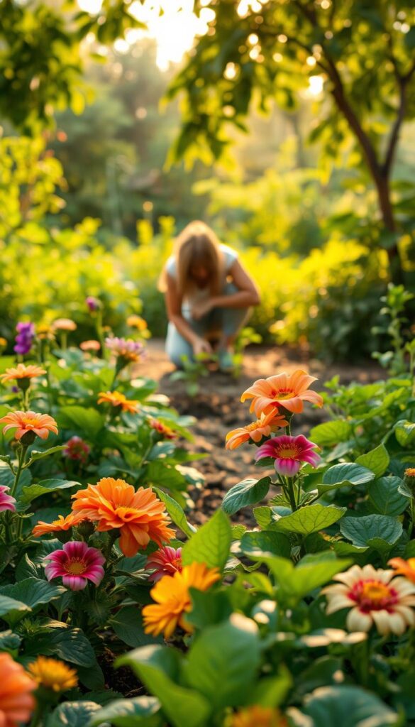 A verdant garden scene with vibrant blooms and fresh vegetables in the foreground. In the middle ground, a gardener kneels, hands in the soil as they plant new seedlings. Warm, diffuse lighting filters through the canopy overhead, casting a golden glow. The background is filled with lush greenery and a sense of tranquility. The composition is balanced, leading the eye through the layers of the image. The overall mood is one of peaceful productivity, inviting the viewer to envision the process of quick-start flower planting among a thriving vegetable patch. A verdant garden scene with vibrant blooms and fresh vegetables in the foreground. In the middle ground, a gardener kneels, hands in the soil as they plant new seedlings. Warm, diffuse lighting filters through the canopy overhead, casting a golden glow. The background is filled with lush greenery and a sense of tranquility. The composition is balanced, leading the eye through the layers of the image. The overall mood is one of peaceful productivity, inviting the viewer to envision the process of quick-start flower planting among a thriving vegetable patch.