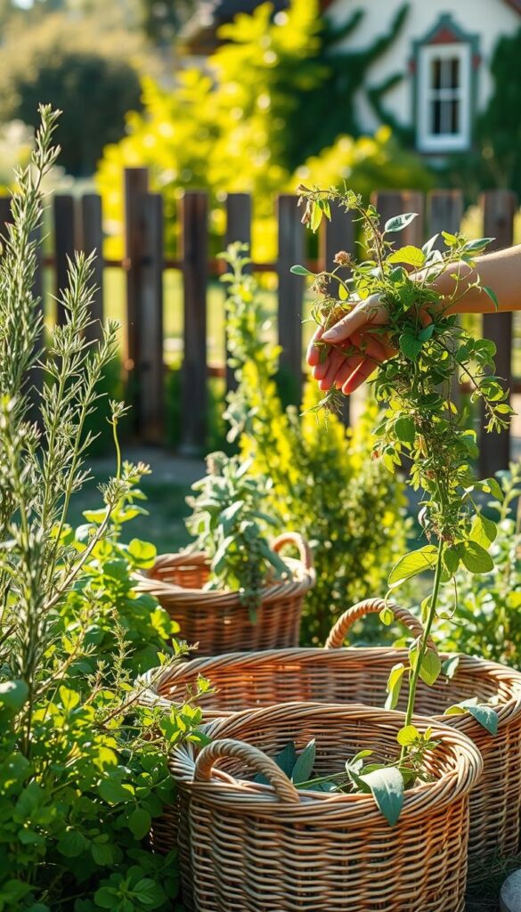 A verdant herb garden in warm afternoon sunlight, with a gardener carefully harvesting a selection of fragrant herbs such as rosemary, thyme, and sage. The gardener's hands delicately pluck the stems, mindful not to bruise the leaves. In the middle ground, woven baskets await the freshly picked harvest. The background features a rustic wooden fence and a glimpse of a charming country home, hinting at the culinary delights to come. The scene exudes a sense of tranquility and connection to the natural world, capturing the essence of the "Harvesting Smart" section. A verdant herb garden in warm afternoon sunlight, with a gardener carefully harvesting a selection of fragrant herbs such as rosemary, thyme, and sage. The gardener's hands delicately pluck the stems, mindful not to bruise the leaves. In the middle ground, woven baskets await the freshly picked harvest. The background features a rustic wooden fence and a glimpse of a charming country home, hinting at the culinary delights to come. The scene exudes a sense of tranquility and connection to the natural world, capturing the essence of the "Harvesting Smart" section.