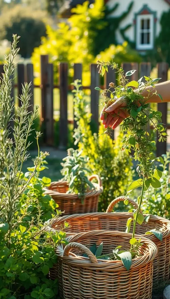 A verdant herb garden in warm afternoon sunlight, with a gardener carefully harvesting a selection of fragrant herbs such as rosemary, thyme, and sage. The gardener's hands delicately pluck the stems, mindful not to bruise the leaves. In the middle ground, woven baskets await the freshly picked harvest. The background features a rustic wooden fence and a glimpse of a charming country home, hinting at the culinary delights to come. The scene exudes a sense of tranquility and connection to the natural world, capturing the essence of the "Harvesting Smart" section. A verdant herb garden in warm afternoon sunlight, with a gardener carefully harvesting a selection of fragrant herbs such as rosemary, thyme, and sage. The gardener's hands delicately pluck the stems, mindful not to bruise the leaves. In the middle ground, woven baskets await the freshly picked harvest. The background features a rustic wooden fence and a glimpse of a charming country home, hinting at the culinary delights to come. The scene exudes a sense of tranquility and connection to the natural world, capturing the essence of the "Harvesting Smart" section.