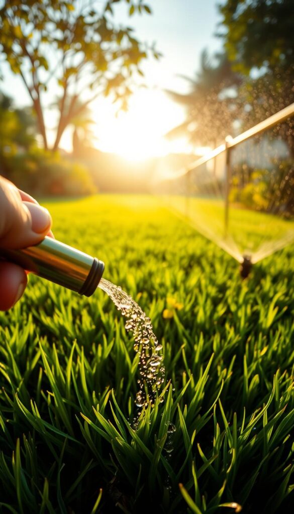 A verdant lawn stretches out, the sun's warm glow filtering through the foliage. In the foreground, a gardener's hand gently holds a hose, its nozzle releasing a gentle, steady stream of water that sinks deep into the soil. Droplets glisten on the lush grass blades, nourishing the roots below. The mid-ground reveals a thoughtfully designed irrigation system, its network of pipes and sprinklers ensuring even coverage. In the background, a tranquil scene unfolds - a serene garden, meticulously planned to thrive with the right amount of hydration, early in the morning when the air is cool and the plants are most receptive.