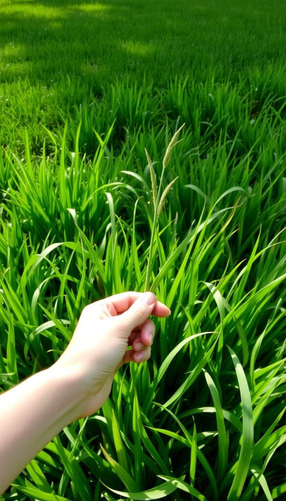 A verdant lawn with lush blades of grass, the sunlight filtering through the blades, casting gentle shadows. In the foreground, a person's hand gently plucks a single blade, examining its texture and color. The mid-ground showcases a variety of grass types, each with distinct characteristics - some tall and thick, others short and fine, all thriving in the ideal conditions. In the background, a well-manicured yard stretches out, providing context for the grass selection process. The scene exudes a sense of calm and expertise, inviting the viewer to consider the nuances of choosing the perfect grass for their own outdoor space. A verdant lawn with lush blades of grass, the sunlight filtering through the blades, casting gentle shadows. In the foreground, a person's hand gently plucks a single blade, examining its texture and color. The mid-ground showcases a variety of grass types, each with distinct characteristics - some tall and thick, others short and fine, all thriving in the ideal conditions. In the background, a well-manicured yard stretches out, providing context for the grass selection process. The scene exudes a sense of calm and expertise, inviting the viewer to consider the nuances of choosing the perfect grass for their own outdoor space.