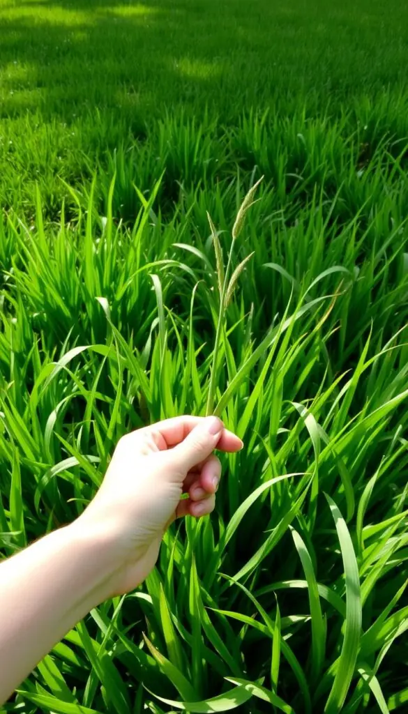 A verdant lawn with lush blades of grass, the sunlight filtering through the blades, casting gentle shadows. In the foreground, a person's hand gently plucks a single blade, examining its texture and color. The mid-ground showcases a variety of grass types, each with distinct characteristics - some tall and thick, others short and fine, all thriving in the ideal conditions. In the background, a well-manicured yard stretches out, providing context for the grass selection process. The scene exudes a sense of calm and expertise, inviting the viewer to consider the nuances of choosing the perfect grass for their own outdoor space. A verdant lawn with lush blades of grass, the sunlight filtering through the blades, casting gentle shadows. In the foreground, a person's hand gently plucks a single blade, examining its texture and color. The mid-ground showcases a variety of grass types, each with distinct characteristics - some tall and thick, others short and fine, all thriving in the ideal conditions. In the background, a well-manicured yard stretches out, providing context for the grass selection process. The scene exudes a sense of calm and expertise, inviting the viewer to consider the nuances of choosing the perfect grass for their own outdoor space.