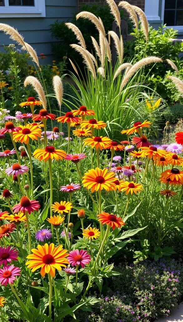 A verdant, lush garden of perennial flowers in a sun-dappled front yard. In the foreground, a vibrant mix of blooms in warm hues - colorful coneflowers, zinnias, and rudbeckia stand tall and proud. In the middle ground, swaying grasses and delicate, long-lasting dianthus provide textural interest. The background features a mix of low-growing, evergreen groundcovers like sedum and thyme, creating a tapestry of colors and shapes. Soft, directional lighting casts gentle shadows, highlighting the natural curves and forms of the plants. An inviting, serene scene that exudes the beauty and resilience of perennials, perfectly suited to grace the front of a cozy home. A verdant, lush garden of perennial flowers in a sun-dappled front yard. In the foreground, a vibrant mix of blooms in warm hues - colorful coneflowers, zinnias, and rudbeckia stand tall and proud. In the middle ground, swaying grasses and delicate, long-lasting dianthus provide textural interest. The background features a mix of low-growing, evergreen groundcovers like sedum and thyme, creating a tapestry of colors and shapes. Soft, directional lighting casts gentle shadows, highlighting the natural curves and forms of the plants. An inviting, serene scene that exudes the beauty and resilience of perennials, perfectly suited to grace the front of a cozy home.