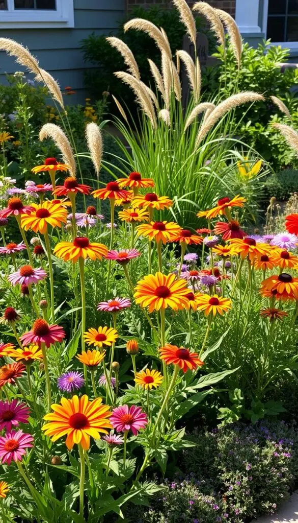 A verdant, lush garden of perennial flowers in a sun-dappled front yard. In the foreground, a vibrant mix of blooms in warm hues - colorful coneflowers, zinnias, and rudbeckia stand tall and proud. In the middle ground, swaying grasses and delicate, long-lasting dianthus provide textural interest. The background features a mix of low-growing, evergreen groundcovers like sedum and thyme, creating a tapestry of colors and shapes. Soft, directional lighting casts gentle shadows, highlighting the natural curves and forms of the plants. An inviting, serene scene that exudes the beauty and resilience of perennials, perfectly suited to grace the front of a cozy home. A verdant, lush garden of perennial flowers in a sun-dappled front yard. In the foreground, a vibrant mix of blooms in warm hues - colorful coneflowers, zinnias, and rudbeckia stand tall and proud. In the middle ground, swaying grasses and delicate, long-lasting dianthus provide textural interest. The background features a mix of low-growing, evergreen groundcovers like sedum and thyme, creating a tapestry of colors and shapes. Soft, directional lighting casts gentle shadows, highlighting the natural curves and forms of the plants. An inviting, serene scene that exudes the beauty and resilience of perennials, perfectly suited to grace the front of a cozy home.