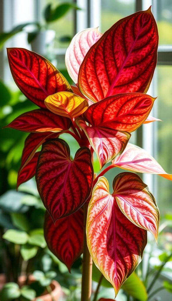 A vibrant Fittonia plant, its lush foliage shimmering in high humidity. Broad, glossy leaves with intricate veins of deep red and pink, cascading gracefully from a sturdy central stem. The plant is positioned in soft, diffuse natural lighting, casting gentle shadows that accentuate the plant's textural details. The background is a blurred, verdant indoor setting, hinting at the ideal high-moisture environment for this thriving mosaic plant. The overall mood is one of lush, tropical tranquility, inviting the viewer to appreciate the plant's captivating colors and patterns.