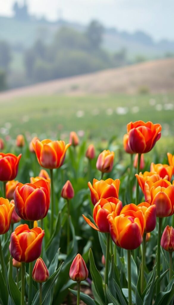 A vibrant and diverse display of darwin hybrid tulips in a lush, natural garden setting. The tulips are captured in full bloom, their petals unfurling with a delicate, velvety texture. The foreground showcases the tulips in a range of warm hues, from deep reds to vibrant oranges and soft pinks, creating a captivating color palette. The middle ground features a mix of green foliage, hinting at the tulips' resilience and ability to return year after year. In the background, a blurred, atmospheric landscape suggests a serene, pastoral environment, emphasizing the tulips' enduring presence in the natural world. The lighting is soft and diffused, casting a gentle glow on the flowers and highlighting their intricate, asymmetrical forms. The overall composition conveys a sense of harmony, beauty, and the cyclical nature of these remarkable blooms. A vibrant and diverse display of darwin hybrid tulips in a lush, natural garden setting. The tulips are captured in full bloom, their petals unfurling with a delicate, velvety texture. The foreground showcases the tulips in a range of warm hues, from deep reds to vibrant oranges and soft pinks, creating a captivating color palette. The middle ground features a mix of green foliage, hinting at the tulips' resilience and ability to return year after year. In the background, a blurred, atmospheric landscape suggests a serene, pastoral environment, emphasizing the tulips' enduring presence in the natural world. The lighting is soft and diffused, casting a gentle glow on the flowers and highlighting their intricate, asymmetrical forms. The overall composition conveys a sense of harmony, beauty, and the cyclical nature of these remarkable blooms.