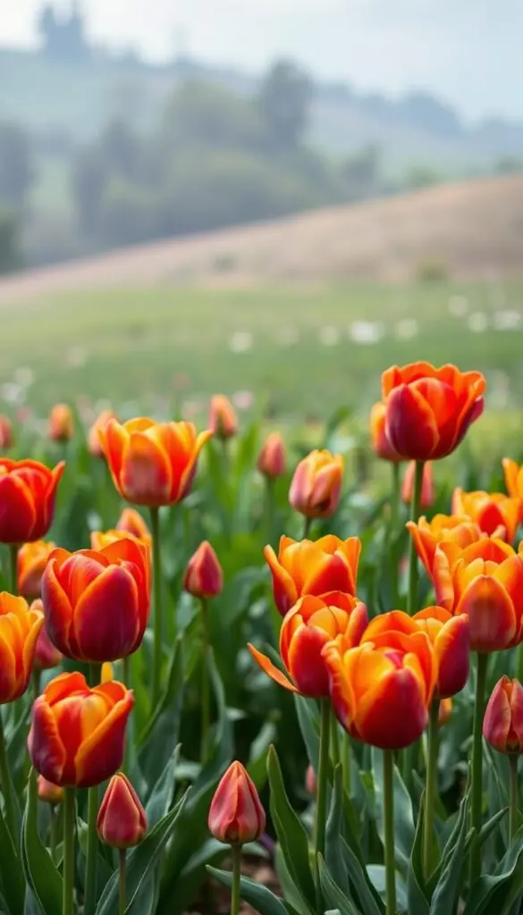 A vibrant and diverse display of darwin hybrid tulips in a lush, natural garden setting. The tulips are captured in full bloom, their petals unfurling with a delicate, velvety texture. The foreground showcases the tulips in a range of warm hues, from deep reds to vibrant oranges and soft pinks, creating a captivating color palette. The middle ground features a mix of green foliage, hinting at the tulips' resilience and ability to return year after year. In the background, a blurred, atmospheric landscape suggests a serene, pastoral environment, emphasizing the tulips' enduring presence in the natural world. The lighting is soft and diffused, casting a gentle glow on the flowers and highlighting their intricate, asymmetrical forms. The overall composition conveys a sense of harmony, beauty, and the cyclical nature of these remarkable blooms. A vibrant and diverse display of darwin hybrid tulips in a lush, natural garden setting. The tulips are captured in full bloom, their petals unfurling with a delicate, velvety texture. The foreground showcases the tulips in a range of warm hues, from deep reds to vibrant oranges and soft pinks, creating a captivating color palette. The middle ground features a mix of green foliage, hinting at the tulips' resilience and ability to return year after year. In the background, a blurred, atmospheric landscape suggests a serene, pastoral environment, emphasizing the tulips' enduring presence in the natural world. The lighting is soft and diffused, casting a gentle glow on the flowers and highlighting their intricate, asymmetrical forms. The overall composition conveys a sense of harmony, beauty, and the cyclical nature of these remarkable blooms.