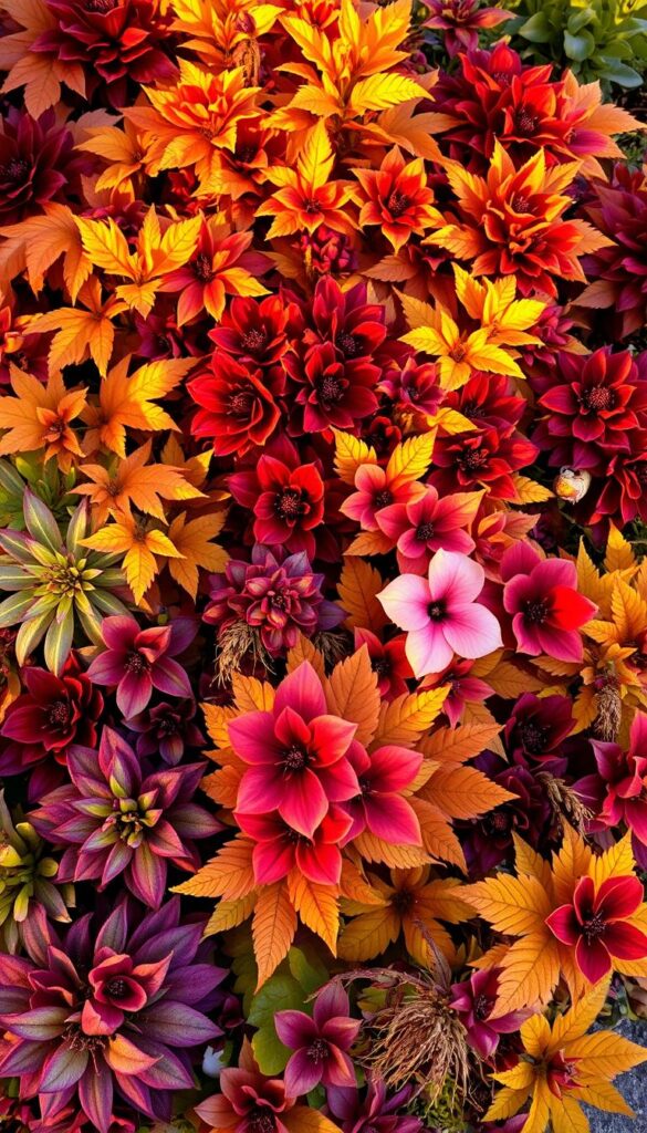A vibrant and harmonious array of autumn-inspired colors, a captivating palette of warm hues that captures the essence of the fall garden. Lush foliage in shades of russet, ochre, and sienna intermingles with the rich burgundies and deep crimsons of flowering plants, creating a visually striking composition. Soft, directional lighting casts a golden glow, accentuating the textures and depths of the scene. The overall arrangement suggests a carefully curated "recipe" for a border or porch container, offering inspiration for beautiful fall displays. The image exudes a cozy, inviting atmosphere, embodying the spirit of the season.
