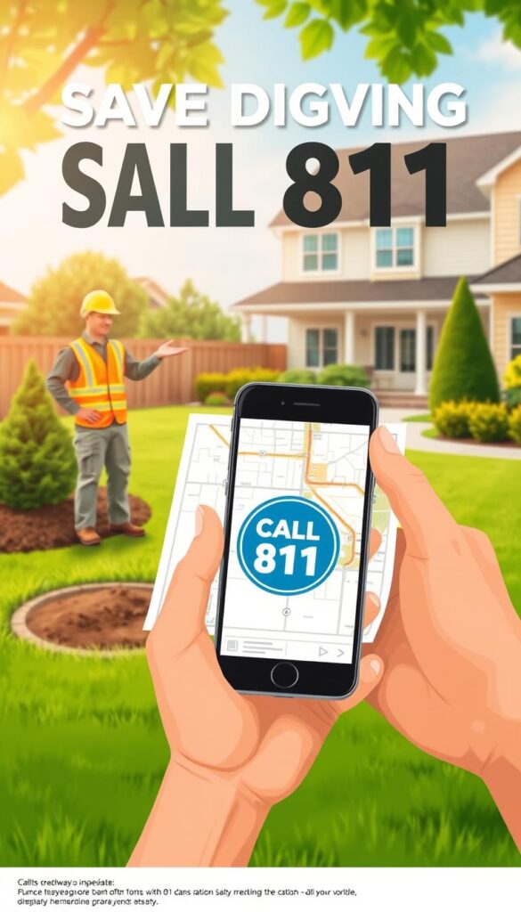 A vibrant and informative illustration depicting the importance of "Call 811" for safe digging. In the foreground, a hand holds a smartphone displaying the "Call 811" logo, conveying the immediate action required. The middle ground features a construction worker in a reflective vest, gesturing towards a neatly marked underground utilities map. The background showcases a well-manicured suburban yard, with lush greenery and a picturesque house, suggesting the need for caution when working on residential properties. The lighting is warm and natural, creating a sense of safety and reassurance. The overall composition and attention to detail aim to educate and inspire readers to prioritize safety when embarking on DIY yard drainage projects. A vibrant and informative illustration depicting the importance of "Call 811" for safe digging. In the foreground, a hand holds a smartphone displaying the "Call 811" logo, conveying the immediate action required. The middle ground features a construction worker in a reflective vest, gesturing towards a neatly marked underground utilities map. The background showcases a well-manicured suburban yard, with lush greenery and a picturesque house, suggesting the need for caution when working on residential properties. The lighting is warm and natural, creating a sense of safety and reassurance. The overall composition and attention to detail aim to educate and inspire readers to prioritize safety when embarking on DIY yard drainage projects.