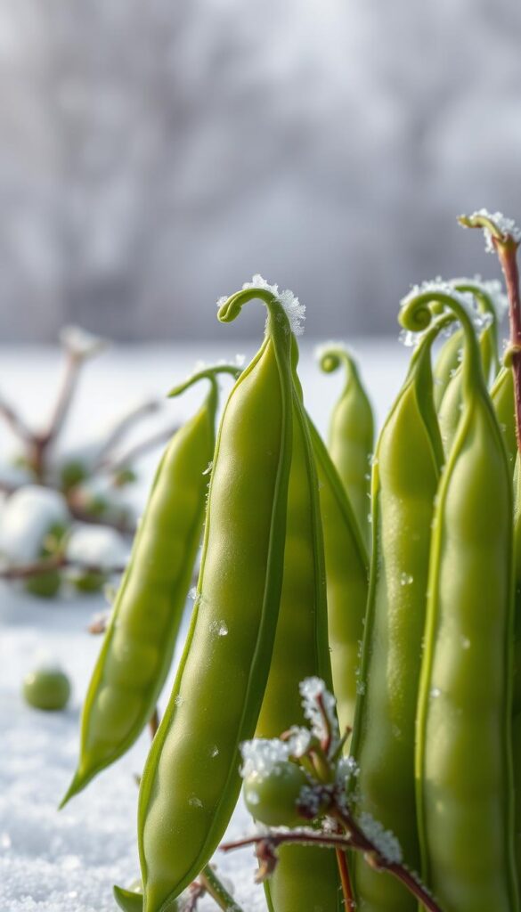 A vibrant and lush close-up of fresh green pea pods, their tender shells glistening with morning dew. In the foreground, the pea pods stand upright, their curved shapes casting delicate shadows. The middle ground showcases a scattering of snow-dusted leaves and vines, hinting at the chilly spring setting. The background blurs into a soft, airy atmosphere, with muted tones of gray and white suggesting an overcast, but still bright, early spring day. The lighting is soft and diffused, accentuating the natural textures and colors of the peas. The overall composition conveys a sense of crisp freshness and the resilience of these frost-hardy vegetables.