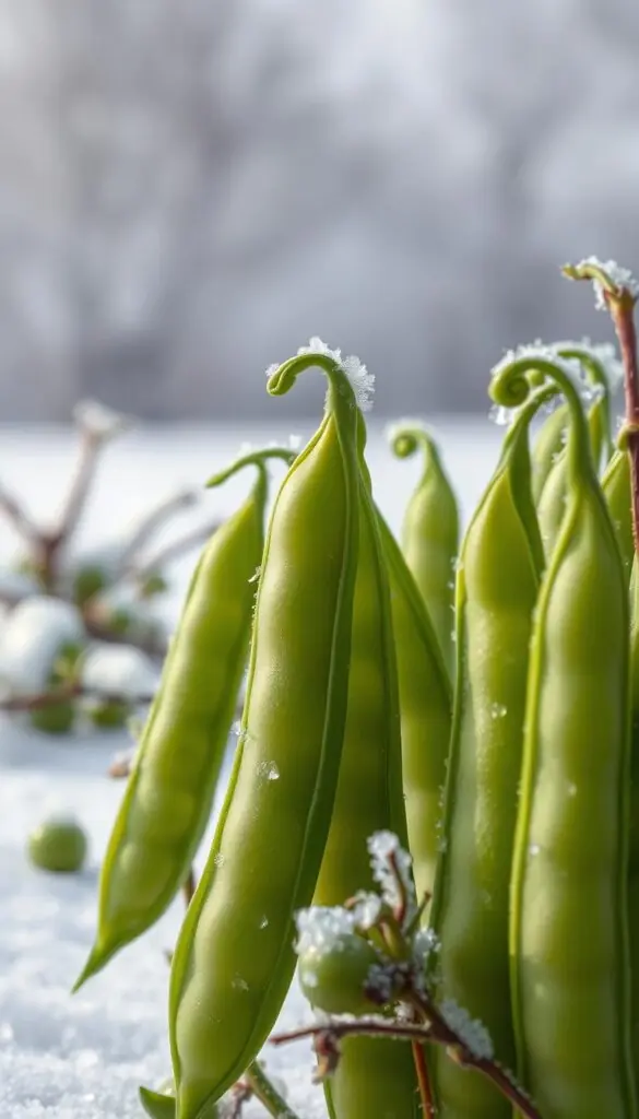 A vibrant and lush close-up of fresh green pea pods, their tender shells glistening with morning dew. In the foreground, the pea pods stand upright, their curved shapes casting delicate shadows. The middle ground showcases a scattering of snow-dusted leaves and vines, hinting at the chilly spring setting. The background blurs into a soft, airy atmosphere, with muted tones of gray and white suggesting an overcast, but still bright, early spring day. The lighting is soft and diffused, accentuating the natural textures and colors of the peas. The overall composition conveys a sense of crisp freshness and the resilience of these frost-hardy vegetables. A vibrant and lush close-up of fresh green pea pods, their tender shells glistening with morning dew. In the foreground, the pea pods stand upright, their curved shapes casting delicate shadows. The middle ground showcases a scattering of snow-dusted leaves and vines, hinting at the chilly spring setting. The background blurs into a soft, airy atmosphere, with muted tones of gray and white suggesting an overcast, but still bright, early spring day. The lighting is soft and diffused, accentuating the natural textures and colors of the peas. The overall composition conveys a sense of crisp freshness and the resilience of these frost-hardy vegetables.