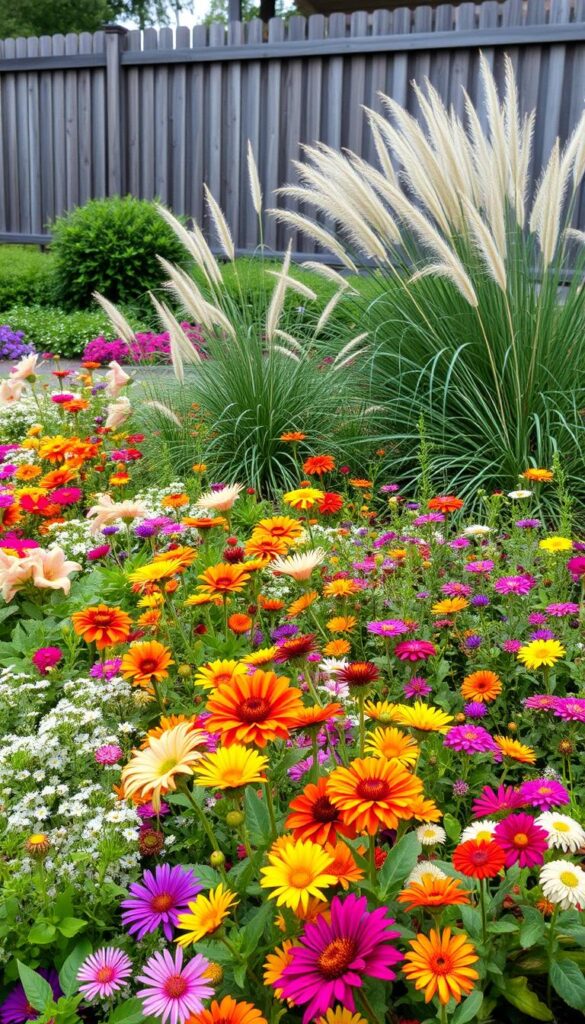 A vibrant and lush garden border, with an abundance of colorful flowers and foliage. In the foreground, a mix of perennials and annuals, such as daylilies, coneflowers, and zinnias, create a captivating tapestry of hues. The middle ground features a variety of ornamental grasses and low-growing shrubs, adding texture and depth to the scene. In the background, a wooden fence or stone wall provides a natural backdrop, framing the garden's tranquil beauty. The lighting is soft and diffused, creating a warm, inviting atmosphere. The camera angle is slightly elevated, allowing for a comprehensive view of the garden's intricate design and the various materials used to create this stunning border. A vibrant and lush garden border, with an abundance of colorful flowers and foliage. In the foreground, a mix of perennials and annuals, such as daylilies, coneflowers, and zinnias, create a captivating tapestry of hues. The middle ground features a variety of ornamental grasses and low-growing shrubs, adding texture and depth to the scene. In the background, a wooden fence or stone wall provides a natural backdrop, framing the garden's tranquil beauty. The lighting is soft and diffused, creating a warm, inviting atmosphere. The camera angle is slightly elevated, allowing for a comprehensive view of the garden's intricate design and the various materials used to create this stunning border.