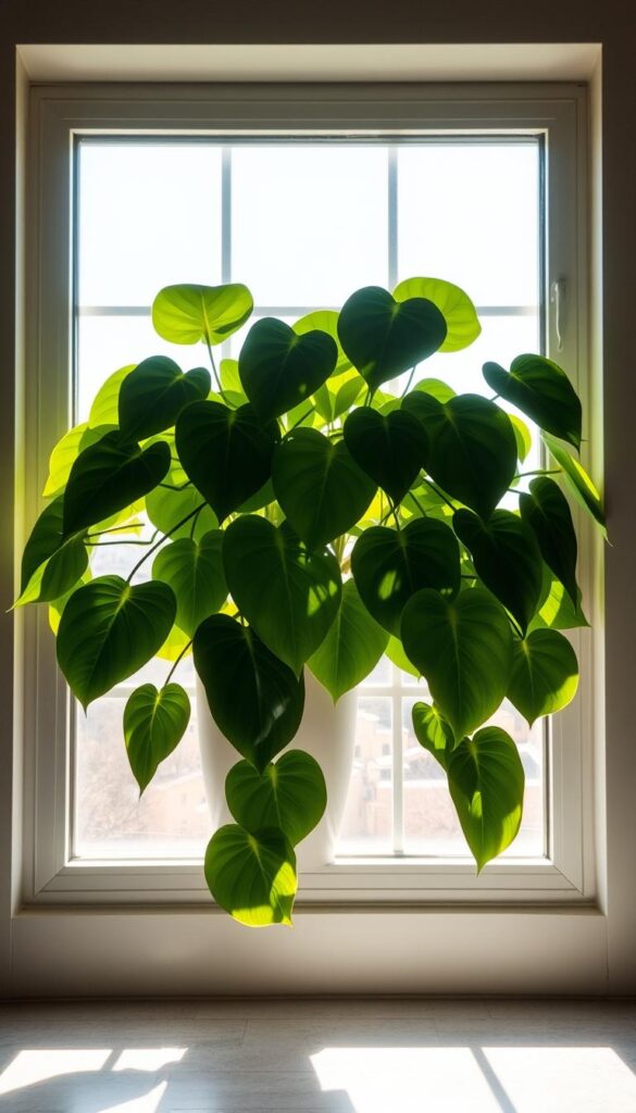 A vibrant and lush philodendron plant thriving on a bright, sun-drenched window sill. The plant's glossy, heart-shaped leaves cascade elegantly, casting soft shadows on the windowsill. Sunlight filters through the foliage, creating a warm, inviting atmosphere. The philodendron's rich green hues are accentuated by the crisp, clean lines of the modern, minimalist window frame. The composition emphasizes the plant's natural beauty and suitability as a low-maintenance, beginner-friendly houseplant that can bring a pop of color to any space.