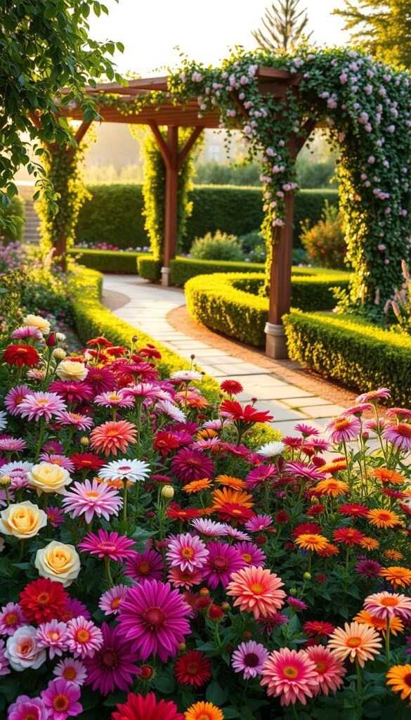 A vibrant and lush seasonal garden in the soft golden glow of late afternoon sunlight. In the foreground, a diverse array of blooming flowers - roses, dahlias, cosmos, and zinnias - arranged in a visually striking pattern. The middle ground features a stone pathway winding through the garden, framed by neatly trimmed hedges and lush foliage. In the background, a wooden pergola draped in trailing vines and flowering climbers creates a charming focal point. The overall scene conveys a sense of tranquility and natural beauty, inviting the viewer to imagine themselves strolling through this enchanting seasonal garden. A vibrant and lush seasonal garden in the soft golden glow of late afternoon sunlight. In the foreground, a diverse array of blooming flowers - roses, dahlias, cosmos, and zinnias - arranged in a visually striking pattern. The middle ground features a stone pathway winding through the garden, framed by neatly trimmed hedges and lush foliage. In the background, a wooden pergola draped in trailing vines and flowering climbers creates a charming focal point. The overall scene conveys a sense of tranquility and natural beauty, inviting the viewer to imagine themselves strolling through this enchanting seasonal garden.