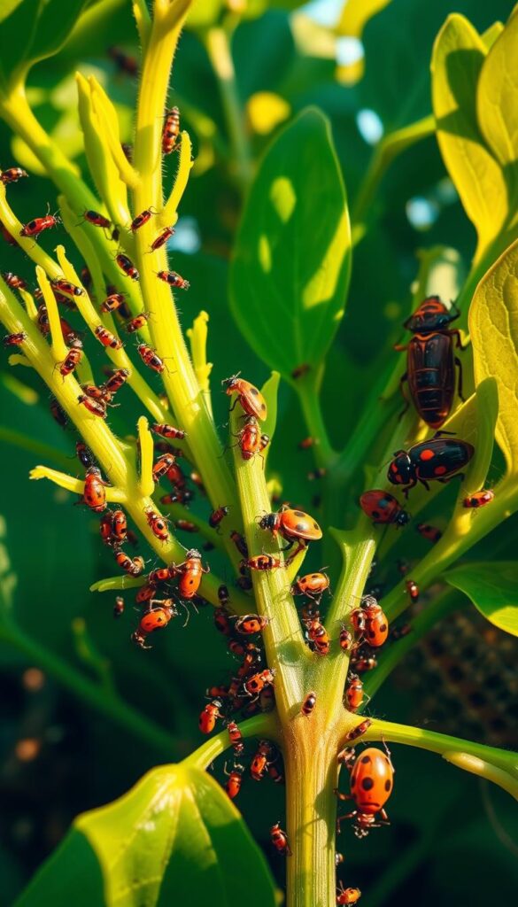 A vibrant and realistic scene of common summer garden pests infesting a lush, verdant plant. In the foreground, a swarm of aphids, spider mites, and thrips crawl and feed on the delicate leaves and stems. In the middle ground, a Japanese beetle and a caterpillar chew through the foliage, while in the background, a fungal disease spreads across the plant's surface. The scene is lit by warm, golden sunlight filtering through the greenery, creating dramatic shadows and highlights that accentuate the pests' intricate details. The overall composition conveys a sense of urgency and the need to address these threats before they cause further damage to the plant.