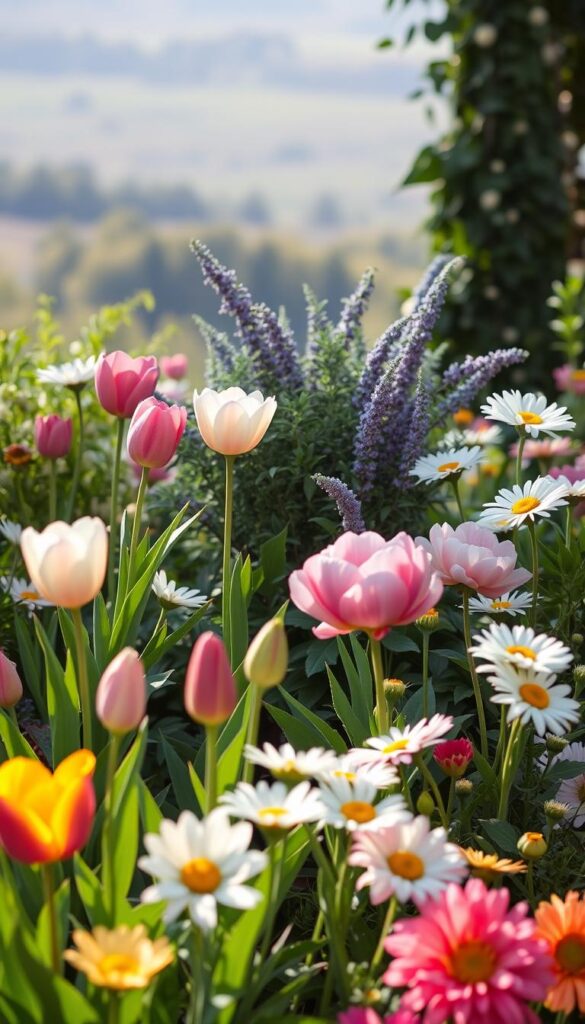 A vibrant and thoughtfully curated flower bed, illuminated by soft, natural lighting. In the foreground, a carefully arranged palette of colorful blooms in a variety of shapes and sizes - delicate tulips, lush peonies, and cheerful daisies stand tall, their petals gently swaying in a light breeze. The middle ground features a mix of lush greenery, from cascading vines to sculptural foliage, creating depth and texture. In the background, a blurred, dreamlike landscape, hinting at the tranquil setting beyond. The overall composition exudes a sense of harmony, balance, and an appreciation for the beauty of nature. A vibrant and thoughtfully curated flower bed, illuminated by soft, natural lighting. In the foreground, a carefully arranged palette of colorful blooms in a variety of shapes and sizes - delicate tulips, lush peonies, and cheerful daisies stand tall, their petals gently swaying in a light breeze. The middle ground features a mix of lush greenery, from cascading vines to sculptural foliage, creating depth and texture. In the background, a blurred, dreamlike landscape, hinting at the tranquil setting beyond. The overall composition exudes a sense of harmony, balance, and an appreciation for the beauty of nature.