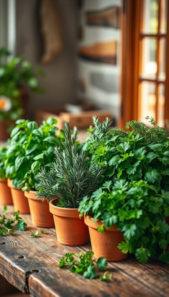 A vibrant and well-lit still life composition of an assortment of beginner-friendly herbs, including basil, rosemary, thyme, and parsley, neatly arranged on a rustic wooden table. The herbs are displayed in terracotta pots, with natural lighting filtering in from a nearby window, casting a warm, inviting glow. The composition is balanced, with the herbs taking up the majority of the frame, while the background is blurred, drawing the viewer's focus to the lush greenery. The overall mood is one of simplicity, approachability, and the joy of cultivating easy-to-grow herbs. A vibrant and well-lit still life composition of an assortment of beginner-friendly herbs, including basil, rosemary, thyme, and parsley, neatly arranged on a rustic wooden table. The herbs are displayed in terracotta pots, with natural lighting filtering in from a nearby window, casting a warm, inviting glow. The composition is balanced, with the herbs taking up the majority of the frame, while the background is blurred, drawing the viewer's focus to the lush greenery. The overall mood is one of simplicity, approachability, and the joy of cultivating easy-to-grow herbs.