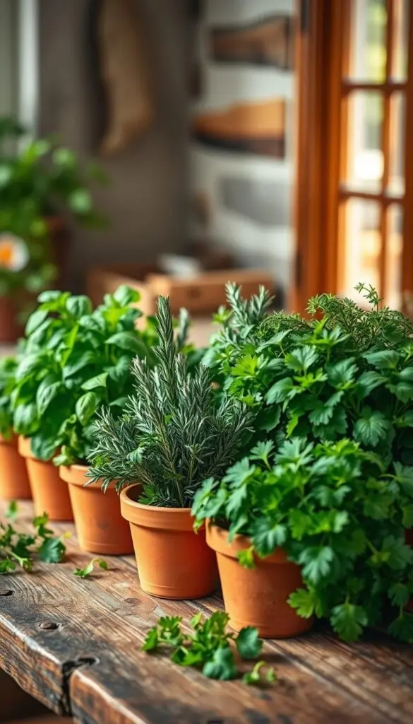 A vibrant and well-lit still life composition of an assortment of beginner-friendly herbs, including basil, rosemary, thyme, and parsley, neatly arranged on a rustic wooden table. The herbs are displayed in terracotta pots, with natural lighting filtering in from a nearby window, casting a warm, inviting glow. The composition is balanced, with the herbs taking up the majority of the frame, while the background is blurred, drawing the viewer's focus to the lush greenery. The overall mood is one of simplicity, approachability, and the joy of cultivating easy-to-grow herbs.