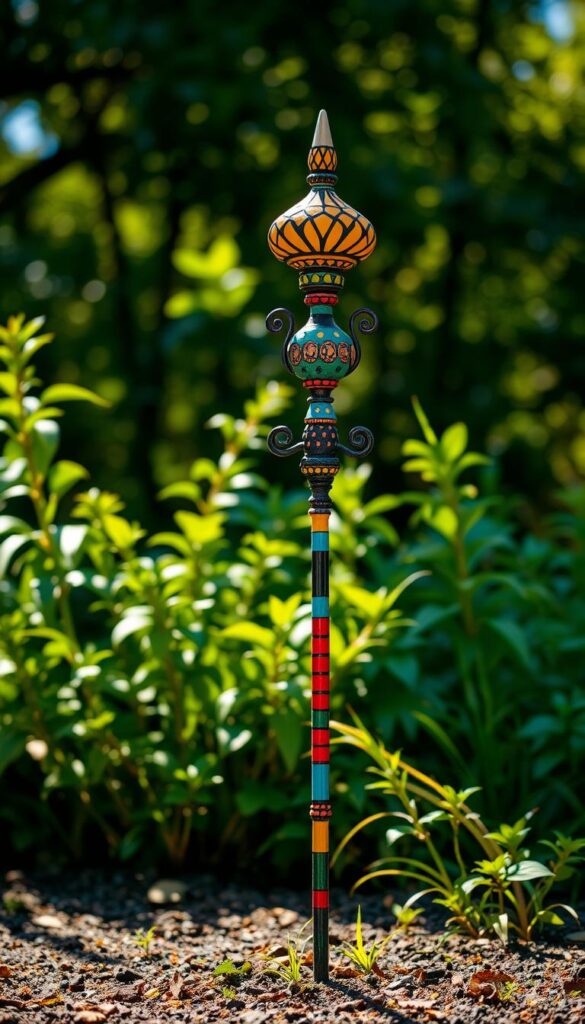 A vibrant and whimsical garden stake, standing tall amidst a lush, verdant backdrop. The stake features intricate patterns and bold, contrasting colors, creating a captivating focal point in the outdoor space. Warm, directional lighting casts gentle shadows, accentuating the stake's dimensional details and lending a sense of depth and atmosphere. Captured from a slightly elevated angle, the image showcases the stake's striking silhouette against a softly blurred, sun-dappled foliage-filled setting, evoking a sense of tranquility and natural beauty.