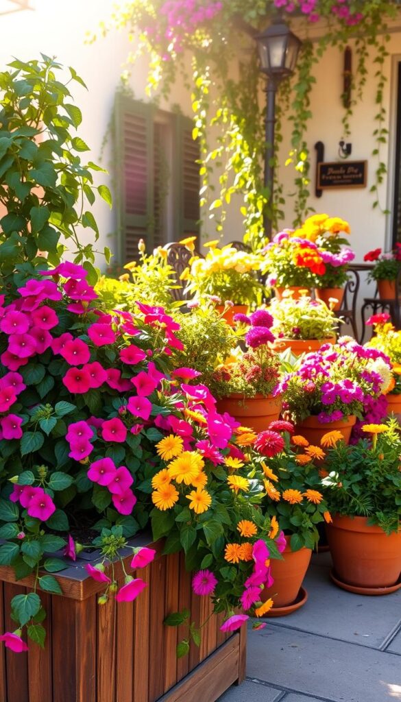 A vibrant arrangement of flourishing container plants basking in warm, golden sunlight. In the foreground, cascading petunias, trailing ivy, and lush geraniums overflow from a rustic wooden planter. The middle ground showcases a collection of terracotta pots brimming with colorful annuals like marigolds, zinnias, and sun-loving cosmos. In the background, a charming patio or porch setting with wrought-iron furniture and trailing vines creates a cozy, inviting atmosphere. The lighting is soft and diffused, casting gentle shadows and highlighting the vibrant hues of the blooms. The overall scene exudes a sense of effortless beauty and abundant, sun-drenched vitality.
