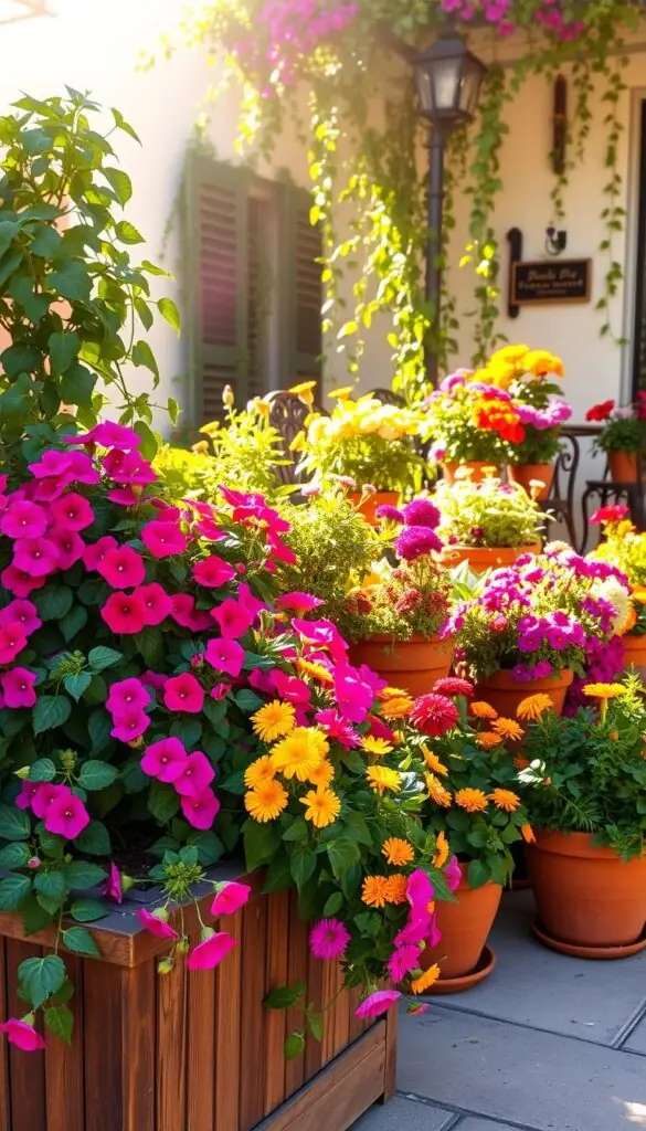A vibrant arrangement of flourishing container plants basking in warm, golden sunlight. In the foreground, cascading petunias, trailing ivy, and lush geraniums overflow from a rustic wooden planter. The middle ground showcases a collection of terracotta pots brimming with colorful annuals like marigolds, zinnias, and sun-loving cosmos. In the background, a charming patio or porch setting with wrought-iron furniture and trailing vines creates a cozy, inviting atmosphere. The lighting is soft and diffused, casting gentle shadows and highlighting the vibrant hues of the blooms. The overall scene exudes a sense of effortless beauty and abundant, sun-drenched vitality. A vibrant arrangement of flourishing container plants basking in warm, golden sunlight. In the foreground, cascading petunias, trailing ivy, and lush geraniums overflow from a rustic wooden planter. The middle ground showcases a collection of terracotta pots brimming with colorful annuals like marigolds, zinnias, and sun-loving cosmos. In the background, a charming patio or porch setting with wrought-iron furniture and trailing vines creates a cozy, inviting atmosphere. The lighting is soft and diffused, casting gentle shadows and highlighting the vibrant hues of the blooms. The overall scene exudes a sense of effortless beauty and abundant, sun-drenched vitality.