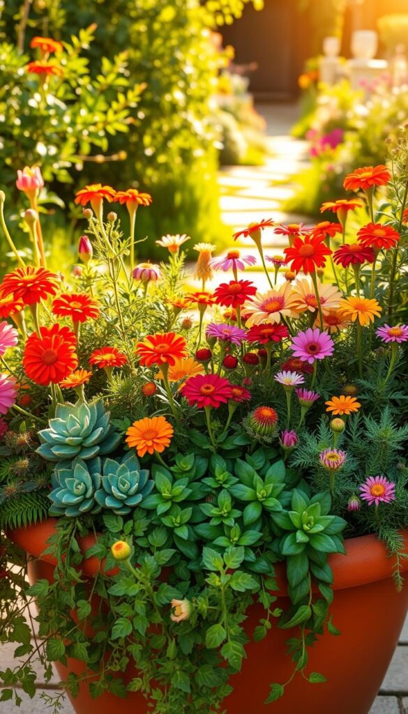 A vibrant arrangement of full sun-loving plants, bathed in warm, golden light. In the foreground, lush, verdant foliage of succulents and drought-tolerant perennials cascade over the edges of a terracotta planter. The middle ground features a mix of brightly colored blooms - fiery marigolds, cheerful zinnias, and delicate cosmos swaying gently in a light breeze. In the background, a glimpse of a sun-dappled garden path leading to a tranquil oasis. The overall scene radiates a sense of radiant vitality and resilience, perfectly capturing the essence of thriving flora in full sun conditions. A vibrant arrangement of full sun-loving plants, bathed in warm, golden light. In the foreground, lush, verdant foliage of succulents and drought-tolerant perennials cascade over the edges of a terracotta planter. The middle ground features a mix of brightly colored blooms - fiery marigolds, cheerful zinnias, and delicate cosmos swaying gently in a light breeze. In the background, a glimpse of a sun-dappled garden path leading to a tranquil oasis. The overall scene radiates a sense of radiant vitality and resilience, perfectly capturing the essence of thriving flora in full sun conditions.