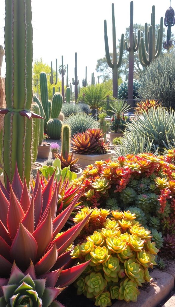 A vibrant arrangement of heat-tolerant succulents and cacti in a sun-drenched garden setting. The foreground features a diversity of sculptural forms and textures, including the fleshy, spiny leaves of agave, the rounded pads of prickly pear, and the tall, columnar shape of a barrel cactus. In the middle ground, trailing vines of sedum and echeveria spill over the edges of raised garden beds, their delicate rosettes catching the warm, golden light. The background reveals a lush, drought-resistant landscape, with towering yucca plants and sprawling, silvery-leaved sage. The overall scene conveys a sense of resilience and adaptive beauty, showcasing the practical and aesthetic benefits of incorporating heat-tolerant plants into a summer garden. A vibrant arrangement of heat-tolerant succulents and cacti in a sun-drenched garden setting. The foreground features a diversity of sculptural forms and textures, including the fleshy, spiny leaves of agave, the rounded pads of prickly pear, and the tall, columnar shape of a barrel cactus. In the middle ground, trailing vines of sedum and echeveria spill over the edges of raised garden beds, their delicate rosettes catching the warm, golden light. The background reveals a lush, drought-resistant landscape, with towering yucca plants and sprawling, silvery-leaved sage. The overall scene conveys a sense of resilience and adaptive beauty, showcasing the practical and aesthetic benefits of incorporating heat-tolerant plants into a summer garden.