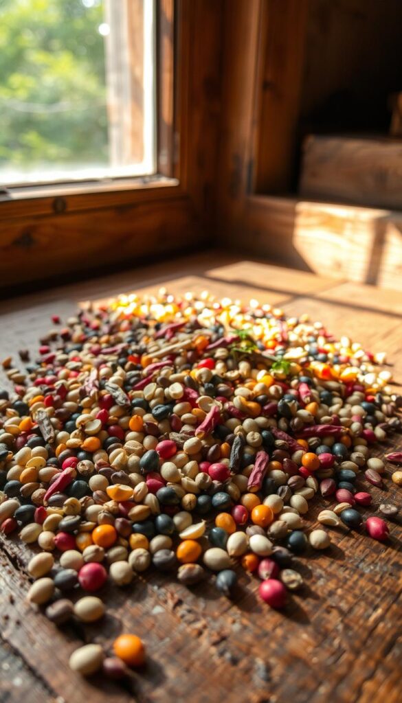 A vibrant arrangement of heirloom garden seeds spilled across a rustic wooden surface, illuminated by warm natural light filtering through a window. The seeds, in a variety of colors and textures, are carefully curated to showcase their inherent beauty and the promise of future growth. The composition emphasizes the seeds' individuality, inviting the viewer to appreciate the diversity and potential within. The overall mood is one of tranquility, reflection, and the joyful anticipation of the gardening journey ahead. A vibrant arrangement of heirloom garden seeds spilled across a rustic wooden surface, illuminated by warm natural light filtering through a window. The seeds, in a variety of colors and textures, are carefully curated to showcase their inherent beauty and the promise of future growth. The composition emphasizes the seeds' individuality, inviting the viewer to appreciate the diversity and potential within. The overall mood is one of tranquility, reflection, and the joyful anticipation of the gardening journey ahead.