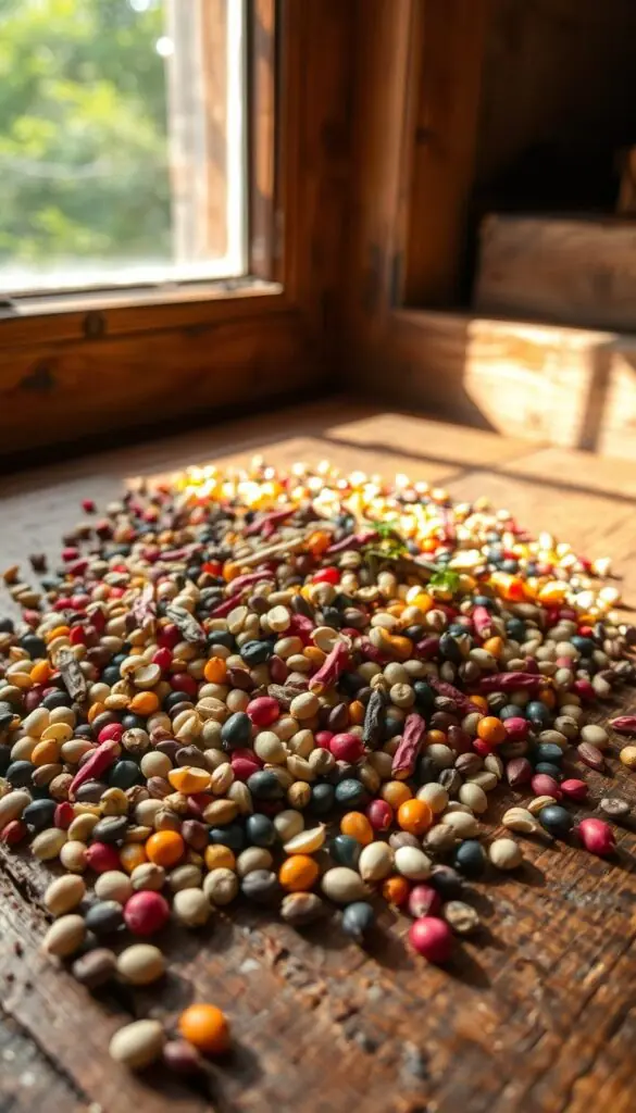 A vibrant arrangement of heirloom garden seeds spilled across a rustic wooden surface, illuminated by warm natural light filtering through a window. The seeds, in a variety of colors and textures, are carefully curated to showcase their inherent beauty and the promise of future growth. The composition emphasizes the seeds' individuality, inviting the viewer to appreciate the diversity and potential within. The overall mood is one of tranquility, reflection, and the joyful anticipation of the gardening journey ahead. A vibrant arrangement of heirloom garden seeds spilled across a rustic wooden surface, illuminated by warm natural light filtering through a window. The seeds, in a variety of colors and textures, are carefully curated to showcase their inherent beauty and the promise of future growth. The composition emphasizes the seeds' individuality, inviting the viewer to appreciate the diversity and potential within. The overall mood is one of tranquility, reflection, and the joyful anticipation of the gardening journey ahead.
