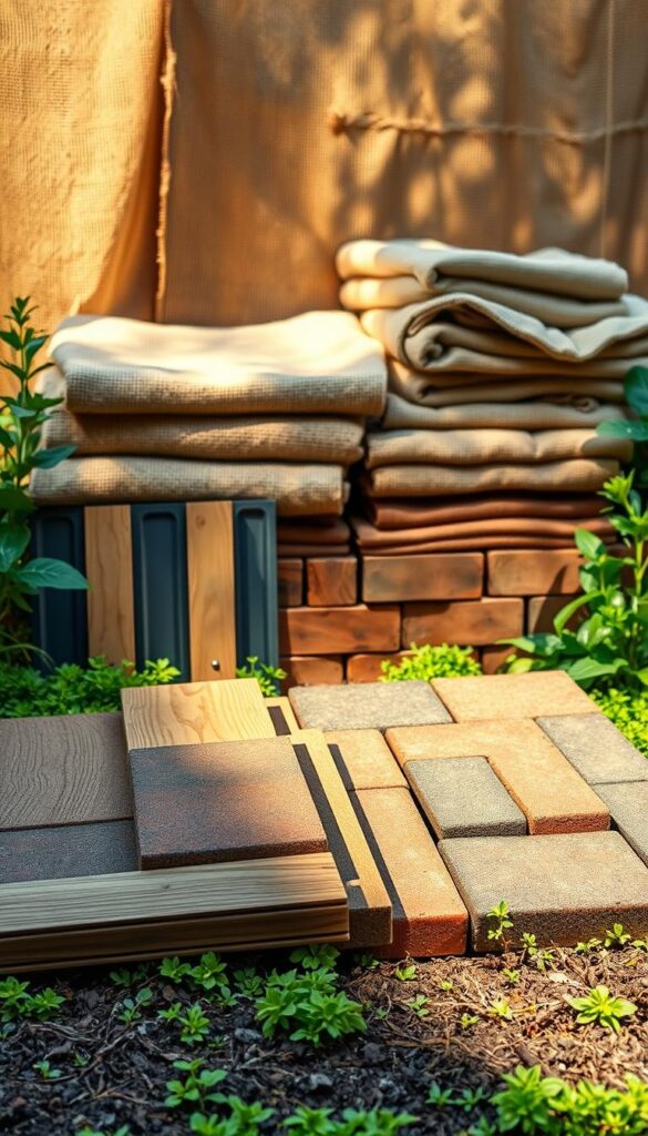 A vibrant arrangement of materials for raised bed gardening, captured in a beautifully lit, high-resolution image. In the foreground, a selection of wood planks, metal panels, and brick pavers sit atop a lush, textured surface. The middle ground features a mix of natural fabrics, such as burlap and canvas, neatly folded and stacked. The background showcases a harmonious blend of earthy tones and gentle shadows, creating a sense of depth and dimension. The lighting is soft and diffused, highlighting the unique textures and colors of each material, inviting the viewer to imagine the creative potential of these building blocks for a thriving raised bed garden.
