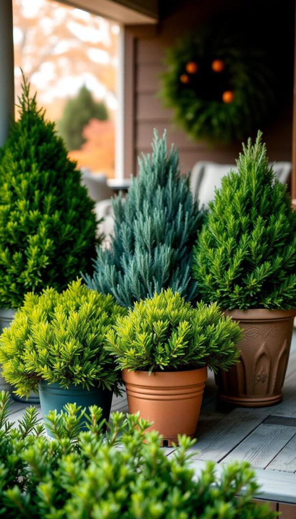 A vibrant arrangement of potted evergreen plants, their lush foliage contrasting against a warm, softly-lit porch setting. In the foreground, a cluster of verdant boxwoods and dwarf Alberta spruces, their compact shapes and varied textures creating visual interest. In the middle ground, a pair of elegant, cone-shaped junipers flank a stately, pyramidal Eastern white cedar, their rich green hues complemented by the muted tones of the porch's weathered wooden planks. The background features a subtly blurred view of a cozy outdoor space, with a hint of autumn foliage peeking through in the distance, establishing a sense of seasonal transition. The lighting is soft and natural, creating gentle shadows and highlighting the plants' vibrant colors. The overall composition conveys a welcoming, intimate atmosphere perfect for a porch or patio display. A vibrant arrangement of potted evergreen plants, their lush foliage contrasting against a warm, softly-lit porch setting. In the foreground, a cluster of verdant boxwoods and dwarf Alberta spruces, their compact shapes and varied textures creating visual interest. In the middle ground, a pair of elegant, cone-shaped junipers flank a stately, pyramidal Eastern white cedar, their rich green hues complemented by the muted tones of the porch's weathered wooden planks. The background features a subtly blurred view of a cozy outdoor space, with a hint of autumn foliage peeking through in the distance, establishing a sense of seasonal transition. The lighting is soft and natural, creating gentle shadows and highlighting the plants' vibrant colors. The overall composition conveys a welcoming, intimate atmosphere perfect for a porch or patio display.