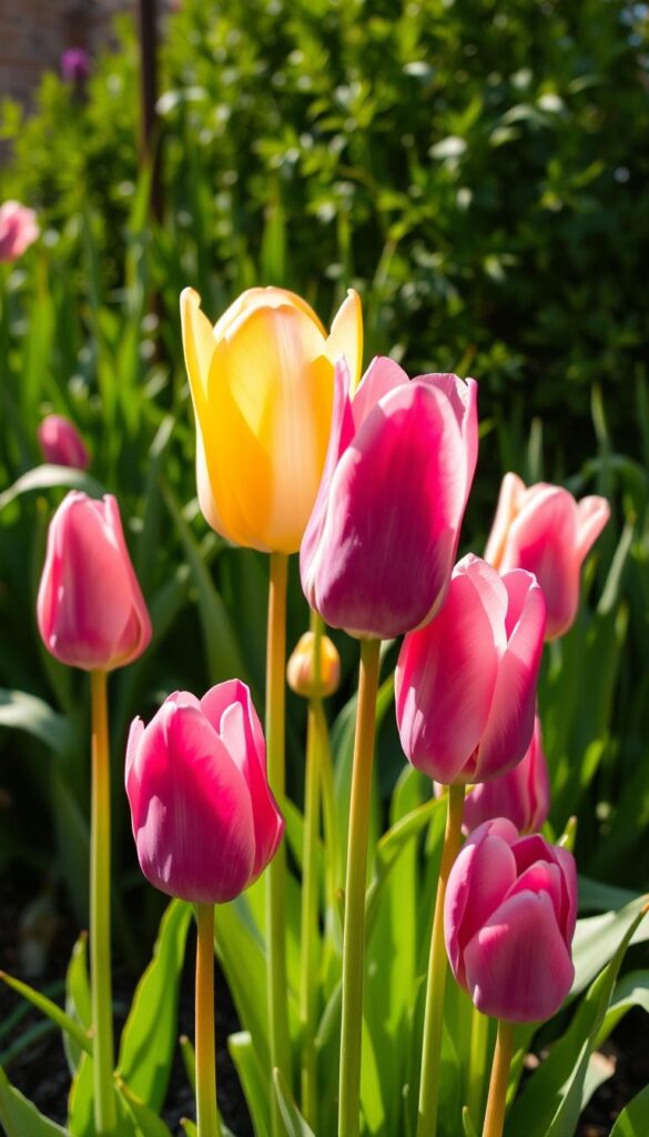 A vibrant arrangement of seasonal spring tulips in a sun-dappled garden. Colorful tulips in shades of pink, yellow, and purple stand tall, their petals gently unfurling in the soft, warm light. The tulips are set against a backdrop of lush, verdant foliage, with a few delicate blossoms peeking out from the greenery. The scene has a sense of lightness and renewal, capturing the essence of the spring season. The tulips are photographed from a low angle, creating a sense of depth and emphasizing the elegant, towering stems. The lighting is soft and diffused, casting gentle shadows and highlighting the tulips' velvety textures. A vibrant arrangement of seasonal spring tulips in a sun-dappled garden. Colorful tulips in shades of pink, yellow, and purple stand tall, their petals gently unfurling in the soft, warm light. The tulips are set against a backdrop of lush, verdant foliage, with a few delicate blossoms peeking out from the greenery. The scene has a sense of lightness and renewal, capturing the essence of the spring season. The tulips are photographed from a low angle, creating a sense of depth and emphasizing the elegant, towering stems. The lighting is soft and diffused, casting gentle shadows and highlighting the tulips' velvety textures.